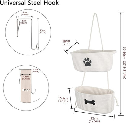 2-Tier Dog Baskets,Over Door Hanging Oganizer for Pet Stuff with Metal Hooks,Cotton Rope Wall-Mounted Storage Organizer for Dog Leash/Harness/Small Toys/Trash bag - Beige