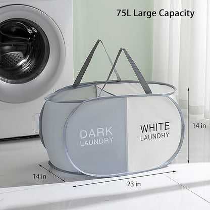Pop Up Laundry Hamper 2 Section, Collapsible Laundry Basket with Carry Handles for Home, Laundry Room, Bedroom, Dorm, RV Travel (Grey & Beige - 2 Compartments)