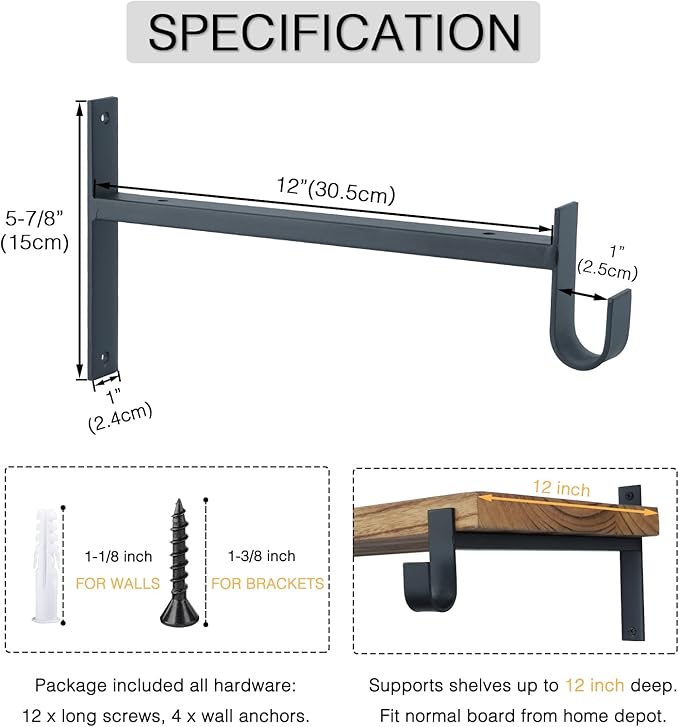 OVOV Closet Rod Bracket Heavy Duty 12 Inch Closet Shelf Brackets with Rod Holder Black Wall Mounted Closet Rod Support Brackets with Hook (2 Pack)