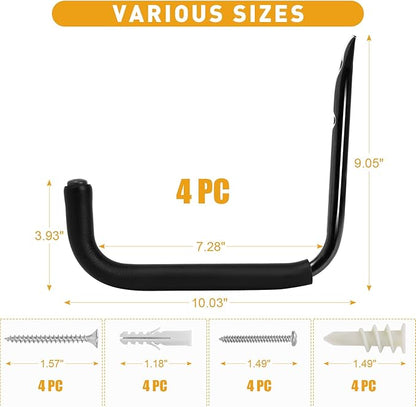 KURUI 10" Garage Organization Wall Hooks, 66 LB Heavy Duty Water Hose Holder for Hanging Ladder Extension Cord Garden Tool Cable, 4 Pcs, Black