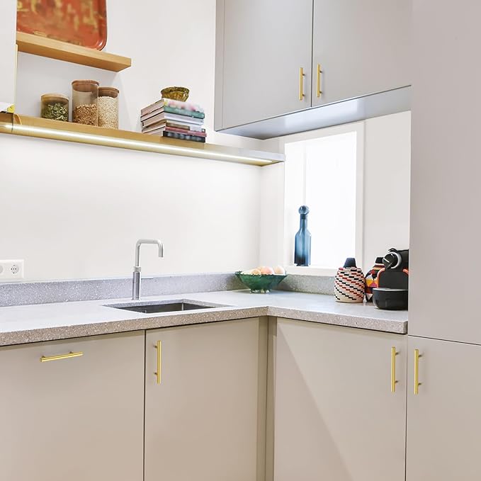 JOY DECOR 5 Pack 6-3/8 Inch Cabinet Pulls Kitchen Cabinet Handles with 4 Inch Hole Center Brushed Brass Cabinet Hardware Stainless Steel Kitchen Drawer Pulls for Cabinets Cupboard, 102mm Hole Centers