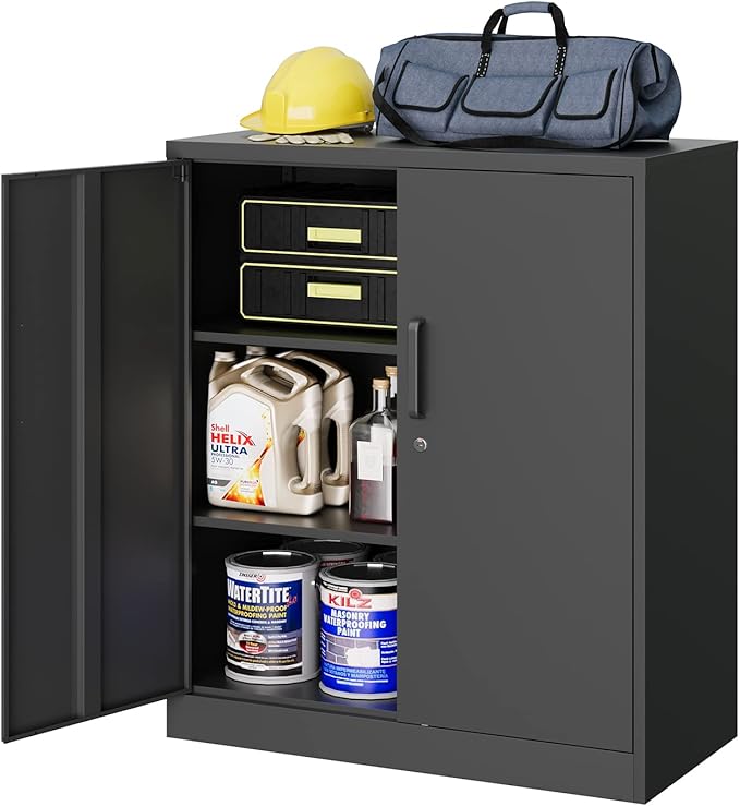 MIIIKO Metal Storage Cabinet with Locking Doors, 2-Door Storage Locker with 2 Shelves, Black Metal Cabinet with Lock for Home Office, Garage, Utility Room, Kitchen and School