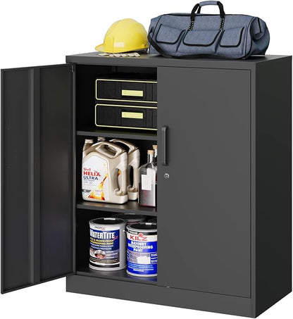MIIIKO Metal Storage Cabinet with Locking Doors, 2-Door Storage Locker with 2 Shelves, Black Metal Cabinet with Lock for Home Office, Garage, Utility Room, Kitchen and School
