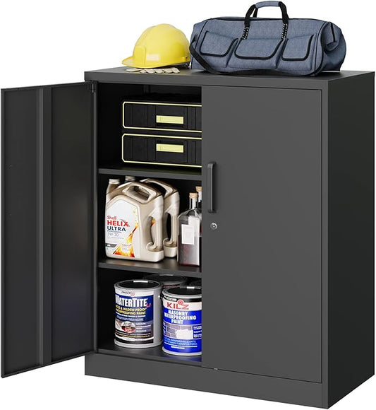 MIIIKO Metal Storage Cabinet with Locking Doors, 2-Door Storage Locker with 2 Shelves, Black Metal Cabinet with Lock for Home Office, Garage, Utility Room, Kitchen and School