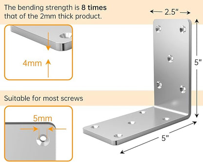 (8PCS) Heavy Duty L Brackets 5x5x2.5 for Wood,Metal Shelf Brackets,90 Degree Corner Bracket,Large Right Angle Bracket, Pergola Brackets Silver