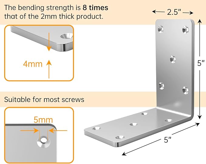 5" X 5" X 2.5" Heavy Duty L Brackets for Wood (4 PCS), L-Shaped Corner Brackets for Shelving and Furniture , Silver
