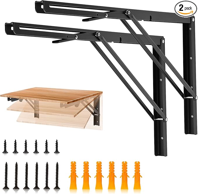 JOY DECOR 22 Inch Heavy Duty Folding Shelf Brackets, 2 Pack (1 Pair) Collapsible Wall Mounted Brackets for Fold Down Table, Stainless Steel Folding Table Hinge, Matte Black