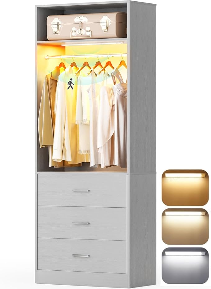 2FT Closet System with 3CCT Motion Sensor Light, 24" Closet Organizer with 3 Wooden Drawers, Closet Systems with Hanging Rod & Top Storage, Small Closets Wardrobe for Walk-in Closets, Grey