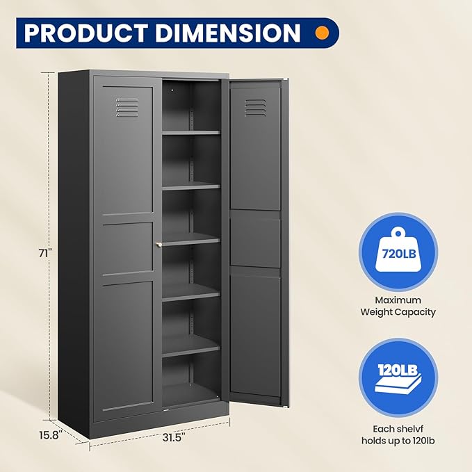 MIIIKO Metal Pantry Cabinet, Utility Storage Cabinets with 2 Doors and 5 Shelves, Freestanding Black Tall Cupboard for Garage, Shop, Laundry Room and Office, 71" H x 15.7" D x 31.5" W