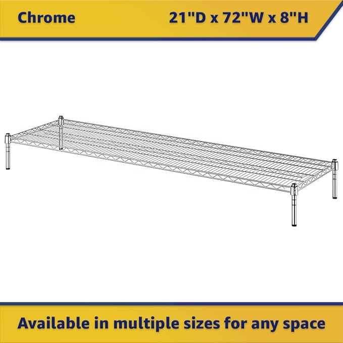 21" x 72" x 8" Chrome Wire Storage Shelf, Dunnage Rack, Commercial 1 Tier Small Shelf