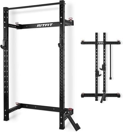 RitFit 2.36'' x 2.36'' Folding Squat Rack for Home Gym, Wall Mounted Squat Rack with Attachments - Space Saving Squat Power Rack