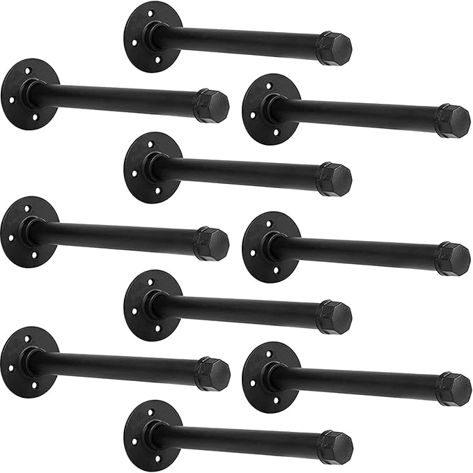 Industrial Black Iron Pipe Shelf Brackets Wall Mount DIY Shelving Brackets Pipe Decor Wall Rustic Garment Rack Hardware Included, 10 Inch Set of 10