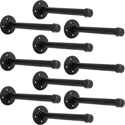 Industrial Black Iron Pipe Shelf Brackets Wall Mount DIY Shelving Brackets Pipe Decor Wall Rustic Garment Rack Hardware Included, 10 Inch Set of 10