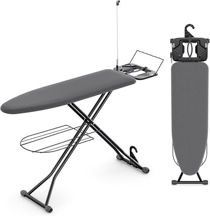 KINGBOARD Ironing Board, Compact Iron Board Full Size with Extra Thick Cover, 7 Adjustable Heights Stand with Hanger and Iron Rest, Large Heavy Duty Ironing Board with Storage Tray, 13x43 Black