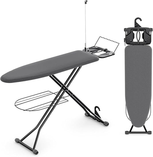 KINGBOARD Ironing Board, Compact Iron Board Full Size with Extra Thick Cover, 7 Adjustable Heights Stand with Hanger and Iron Rest, Large Heavy Duty Ironing Board with Storage Tray, 13x43 Black