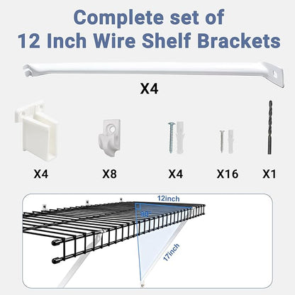 12 Inch Wire Shelf Brackets Set – Includes 4 Brackets, 8 Shelf Clips & 4 End Brackets – Wall & Closet Wire Shelving Support Kit (4 Pack, Metal)