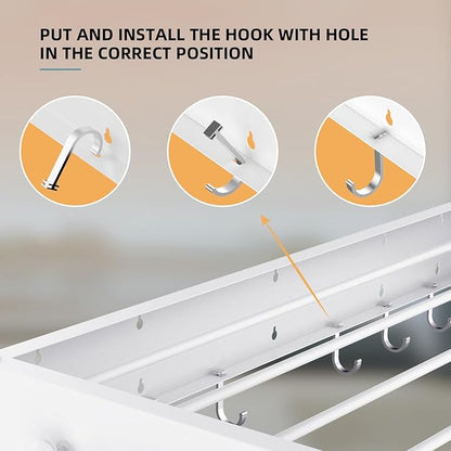 Drying Rack Clothing,Clothes Drying Rack Wall Mounted,Laundry Drying Rack Wall Mount,Foldable,Collapsible,60 lb Capacity 5 Aluminium Poles with 6 Hooks (White, 23.6'')