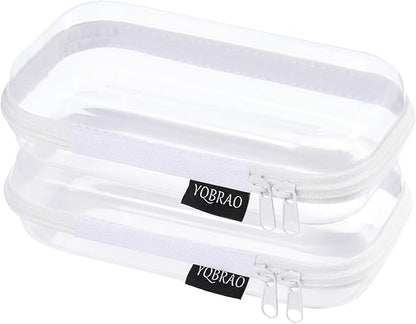 Set of 2 - Hard Sided Clear Zipper Case for Storage - Professional-Grade Plastic Hard Shell Zippered Organizers, Cosmetic Bag, Snack Bins
