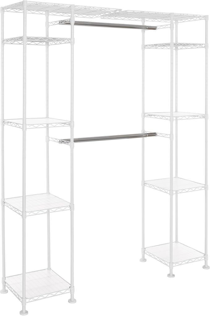 Seville Classics Closet Garment Organizer with Metal Hanging Rod Wardrobe Storage System, w/ Steel Shelves for Clothes, Shirts, Jackets, Coats, Blankets, Shoes, White, Expandable Rack