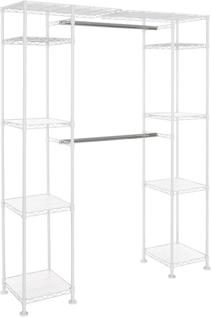 Seville Classics Closet Garment Organizer with Metal Hanging Rod Wardrobe Storage System, w/ Steel Shelves for Clothes, Shirts, Jackets, Coats, Blankets, Shoes, White, Expandable Rack
