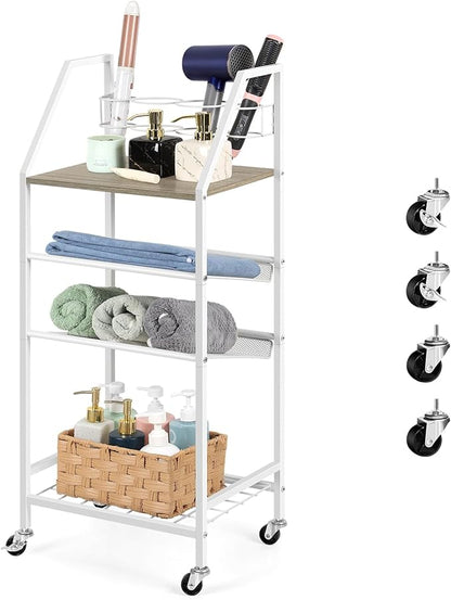 OYEAL White Bathroom Storage Cart Rolling Towel Cart On Wheels Freestanding Bathroom Shelf Unit with Hair Dryer Holder for Small Spaces, Living Room, Kitchen