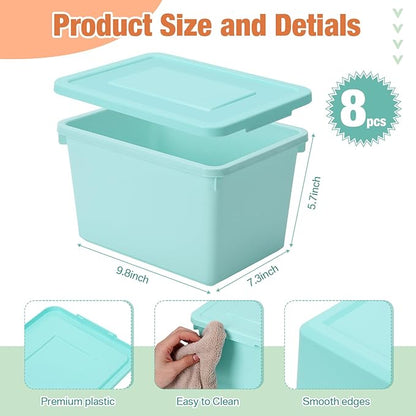 8 Pack Cute Plastic Storage Bins with Lids Decorative Stackable Storage Boxes 9.8" ×7.3" ×5.7" Small Storing Totes for Organizing Craft Office Supplies (Mixed Color)