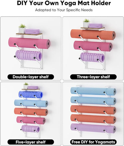 5 Tiers Yoga Mat Holder Rack Wall Mount with 6 Hooks for Hanging Accessory Yoga Strap Foam Rollers Resistance Bands, Yoga Mats Organizer with Floating Shelf for Home Gym Storage Fitness