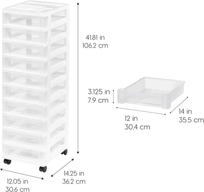 IRIS USA Plastic Drawer Storage Organizer Rolling Cart, with Wheels Casters, 10-Drawers, for Classroom Art Craft Supplies Dresser Closet Bathroom Laundry Room, White/Clear