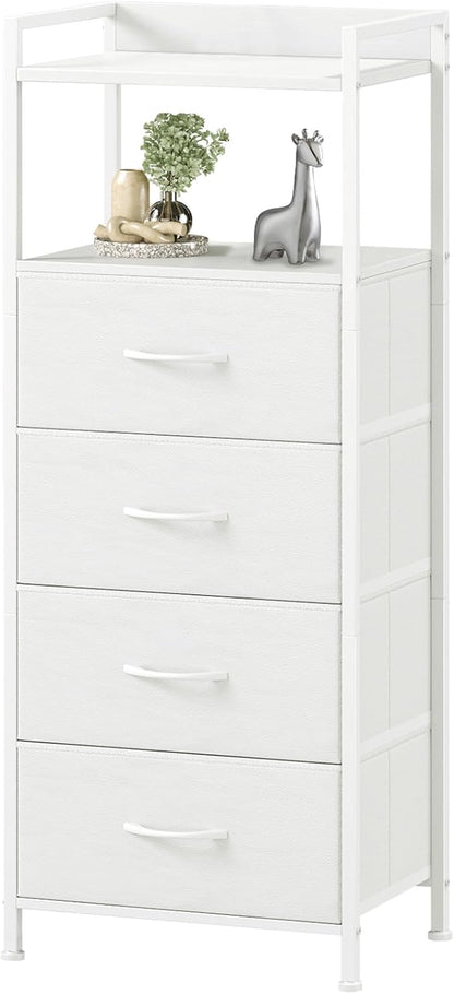 Somdot White Nightstand with 4 Drawers, Vertical Storage Tower Fabric Dresser for Bedroom, Nightstand Bedside Table Furniture, Sturdy Steel Frame, Wooden Top & Easy Pull Fabric Bins