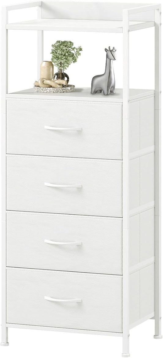 Somdot White Nightstand with 4 Drawers, Vertical Storage Tower Fabric Dresser for Bedroom, Nightstand Bedside Table Furniture, Sturdy Steel Frame, Wooden Top & Easy Pull Fabric Bins