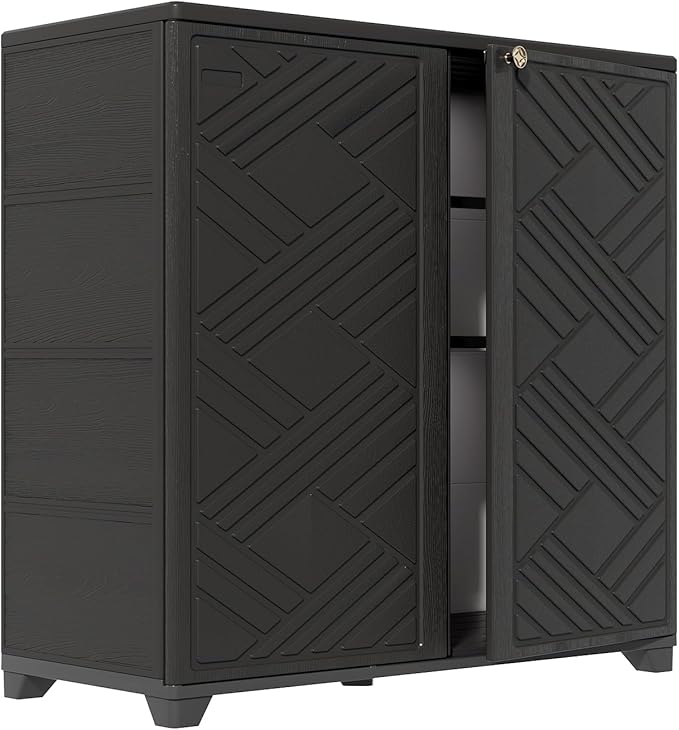 HOMSPARK Indoor/Outdoor Storage Cabinet with Doors and 2 Metal Shelves, 34”x15”x34” HDPE Plastic Storage Box for Patio, Garden, Enterway, Balcony, Multi-Purpose for Daily Tools, Black