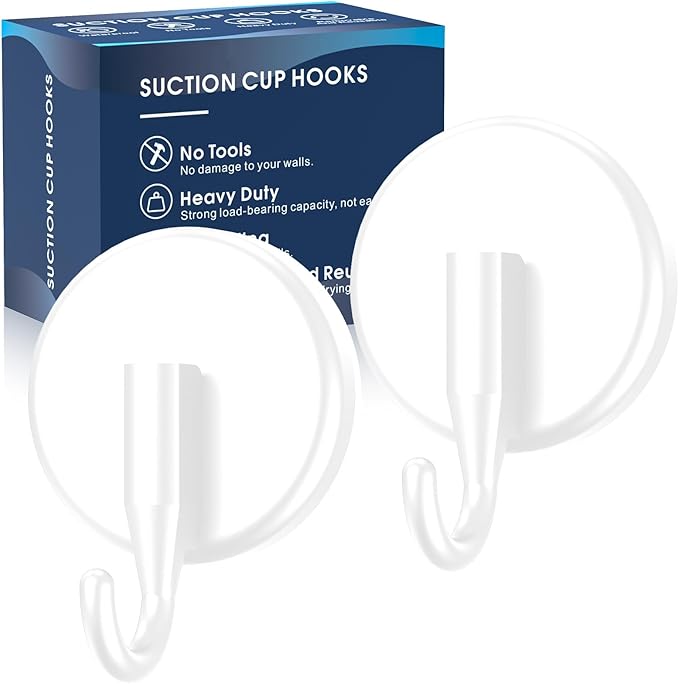 Suction Cup Hooks for Shower, Shower Hooks Mounting on Glass Doors, Tile, Mirrors, Metals,Hook for Hanging Towels, Robe, Loofah, Jackets-White(2 Pack)