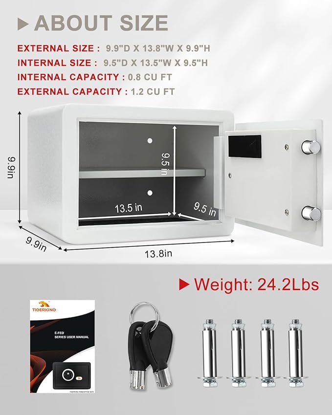 TIGERKING Biometric Fingerprint Home Safe, 1.2 Cubic Feet Digital Security Safe Lock Box, Quick-Access Small Safes for Cash, Jewelry, Document, White