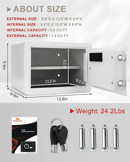 TIGERKING Biometric Fingerprint Home Safe, 1.2 Cubic Feet Digital Security Safe Lock Box, Quick-Access Small Safes for Cash, Jewelry, Document, White