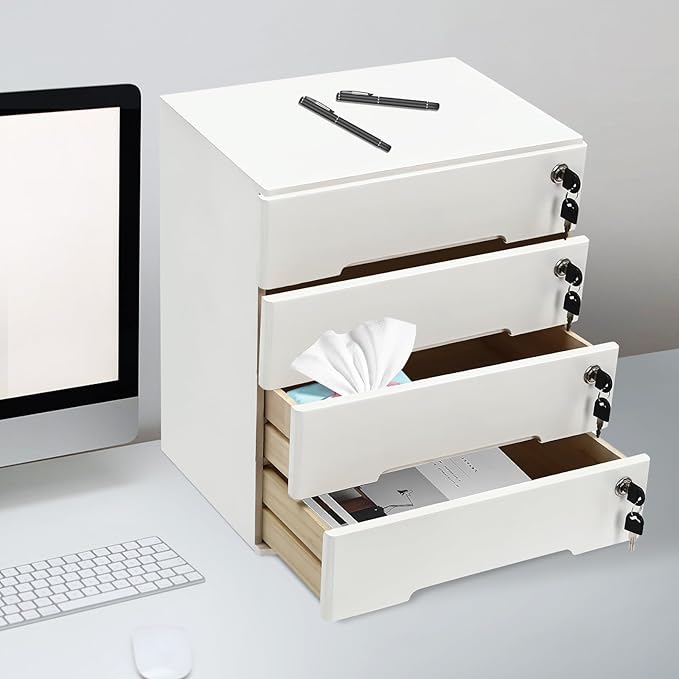 4 Drawers Wood Storage Box, Flat File Cabinet, Storage Cabinet Organizer with Lockable Drawers, Office Supplies File Organizer, Art Storage Cabinets, Multipurpose Tool Box for Home Office (White)