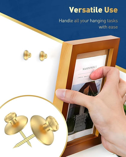 Uniclife 60 Pcs Double Headed Picture Hanging Nails, Picture Hangers, Push Pins for Wall, Double Headed Thumb Tacks, Metal Thumbtacks, Wall Hooks for Art, Photo Frame, Tapestry & Decor, Gold