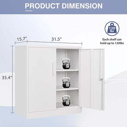 Metal Storage Cabinet with Doors and Adjustable Shelves,Steel Lockable Cabinet for Garage,Office and School Assembly Required(White)