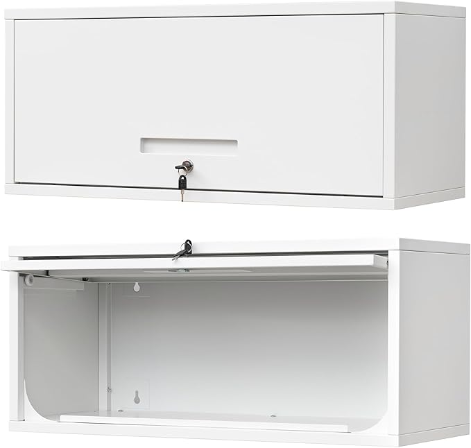 Metal Wall Storage Cabinet with Up-flip Door, Wall-Mounted Storage Cabinet for Garage, Warehouse, Home, Office, Assembly Required (White)