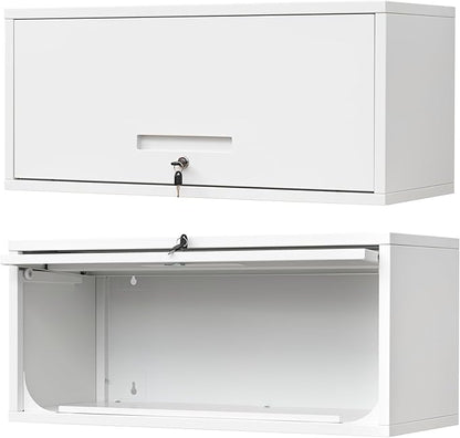 Metal Wall Storage Cabinet with Up-flip Door, Wall-Mounted Storage Cabinet for Garage, Warehouse, Home, Office, Assembly Required (White)