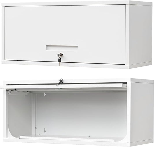 Metal Wall Storage Cabinet with Up-flip Door, Wall-Mounted Storage Cabinet for Garage, Warehouse, Home, Office, Assembly Required (White)