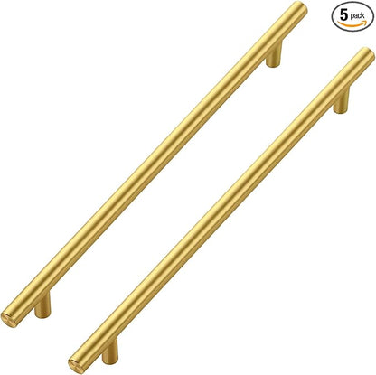 JOY DECOR 5 Pack Cabinet Handles, Gold Cabinet Pulls, 10 in Hole Center Kitchen Cabinet Handles, Stainless Steel T Bar Handles for Dresser Drawers