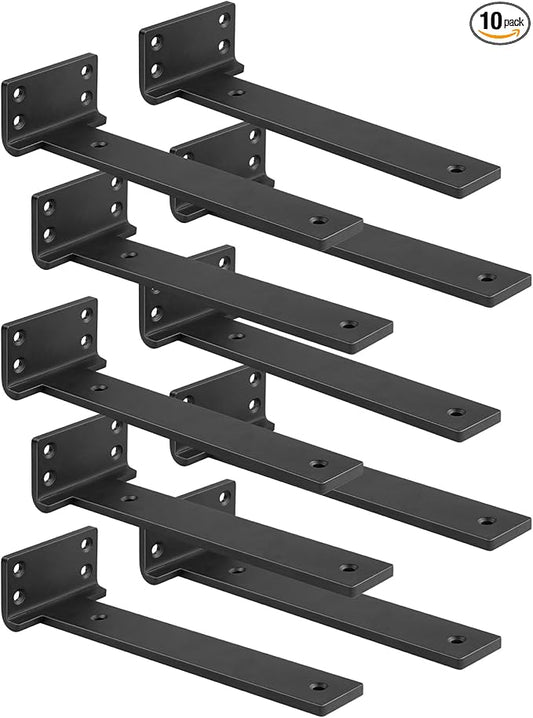 Floating Shelf Brackets 8 inch 10 Pack L Brackets for Shelves Black Metal Heavy Duty Shelf Bracket for DIY Decorative with Mounting Hardware