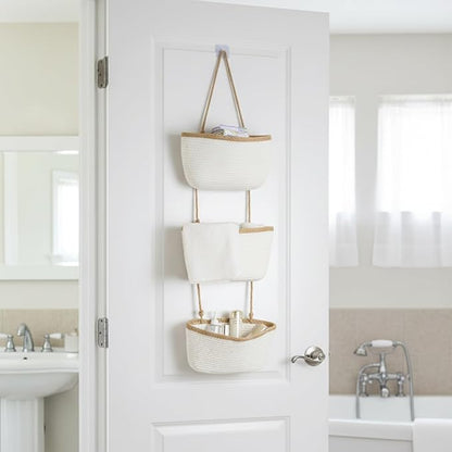 TeoKJ 3-Tier Wall hanging Storage Bags, Over the Door Organizer, Decorative Cotton Rope Hanging Baskets, White & Dark Brown