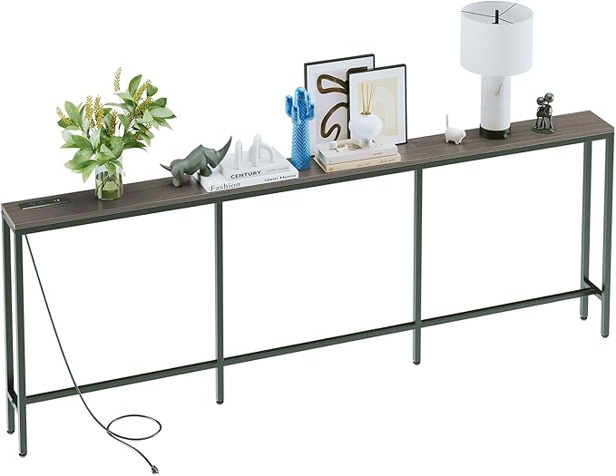 86.6" Behind Couch Table with Fast Charging Station, 7.1" Narrow Skinny Sofa Table with 2 Power Outlets, 2 USB-A, USB-C for Console Entryway, Black Oak
