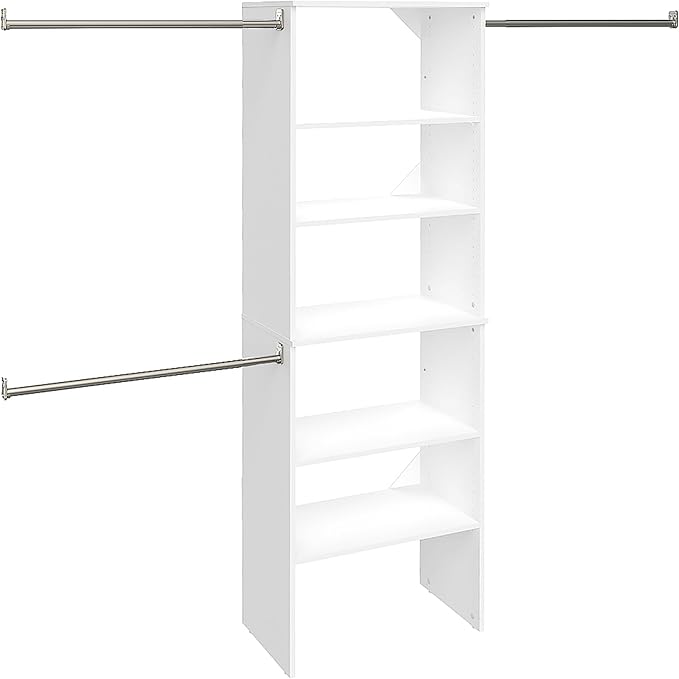ClosetMaid SuiteSymphony Wood Closet Organizer Starter Kit with Tower and 3 Hang Rods, Shelves, Adjustable, Fits Spaces 5 – 10 ft. Wide, Pure White