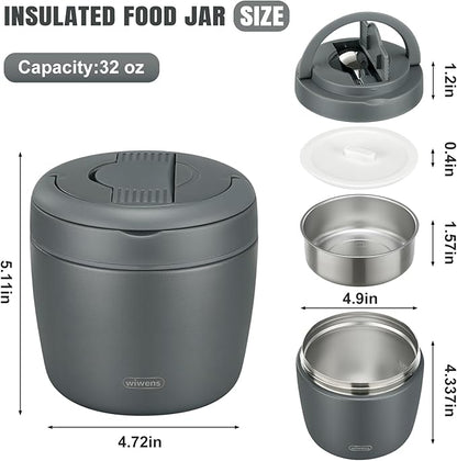 Thermo Food Jar for Hot Food Adults 32OZ Soup Thermo Lunch Containers Wide Mouth Vacuum Insulated Stainless Steel Leakproof Bento Box with Spoon (Grey)