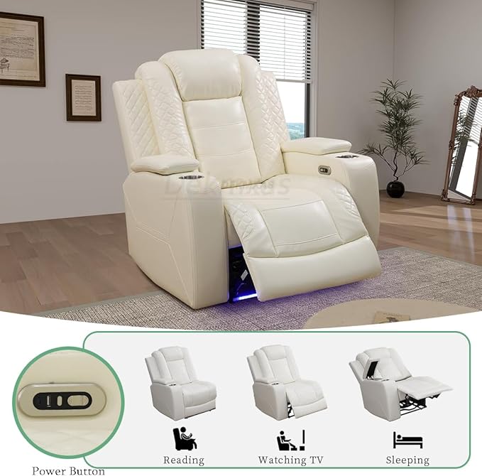 Breathing Leather Power Sectional Reclining Loveseat, Living Room Furniture Sets, Creamy White Reclining Loveseat with 2 Recliner Seats/Cup Holders/Storage Console for Living Room, Office