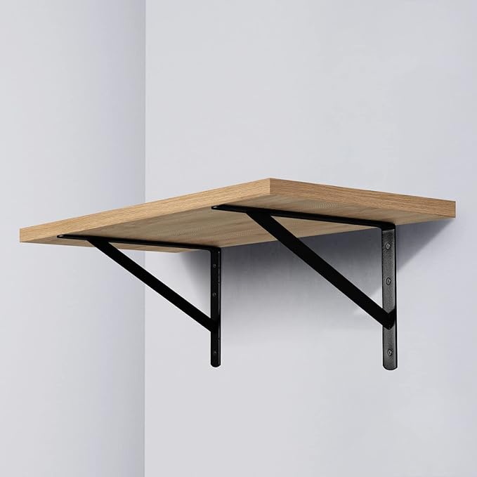 Heavy Duty Shelf Brackets 12 x 8 inches, 6 Pack Black Metal Shelves Supports, Load Capacity: 600 lb, Wall Mounted Angle L Floating Shelf Bracket, Rough Texture Powder Coating, HOME MASTER HARDWARE