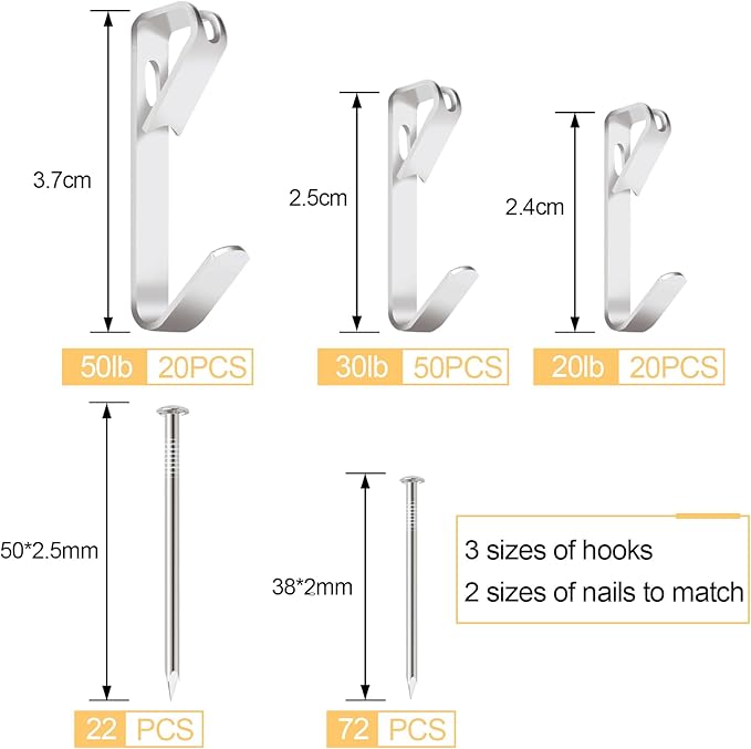 184 Pieces Picture Hanging Kit, 20lb, 30lb, and 50lb Picture Hangers, Metal Picture Hanging Hooks with Nails, on Drywall, Wooden Wall (Silver)