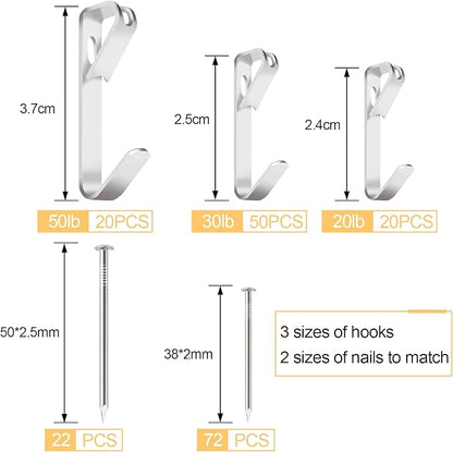 184 Pieces Picture Hanging Kit, 20lb, 30lb, and 50lb Picture Hangers, Metal Picture Hanging Hooks with Nails, on Drywall, Wooden Wall (Silver)